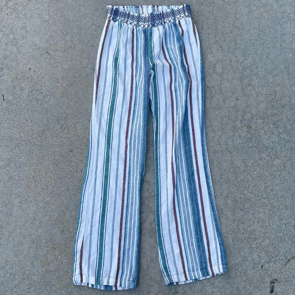 SKY AND SPARROW Smock Waist Stripe Linen Womens Pants Small boho beachy coastal - Picture 2 of 7